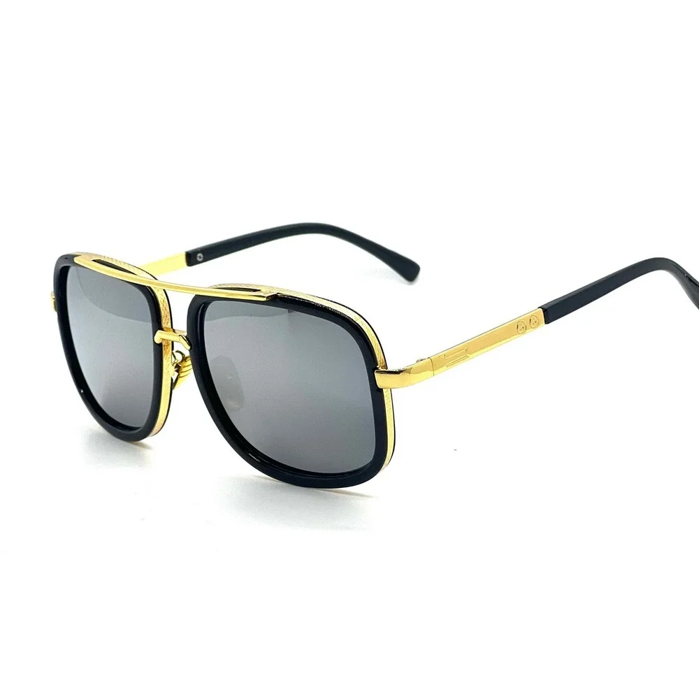 Trendy Men‎ Sunglasses Gold Black Frame Mirror Lens Retro Square Oversized Male